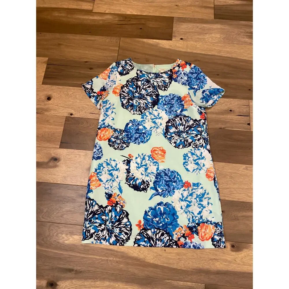J.Crew Hydrangea Medallion Short Sleeve Shift Dress Size 14 Mint Blue
